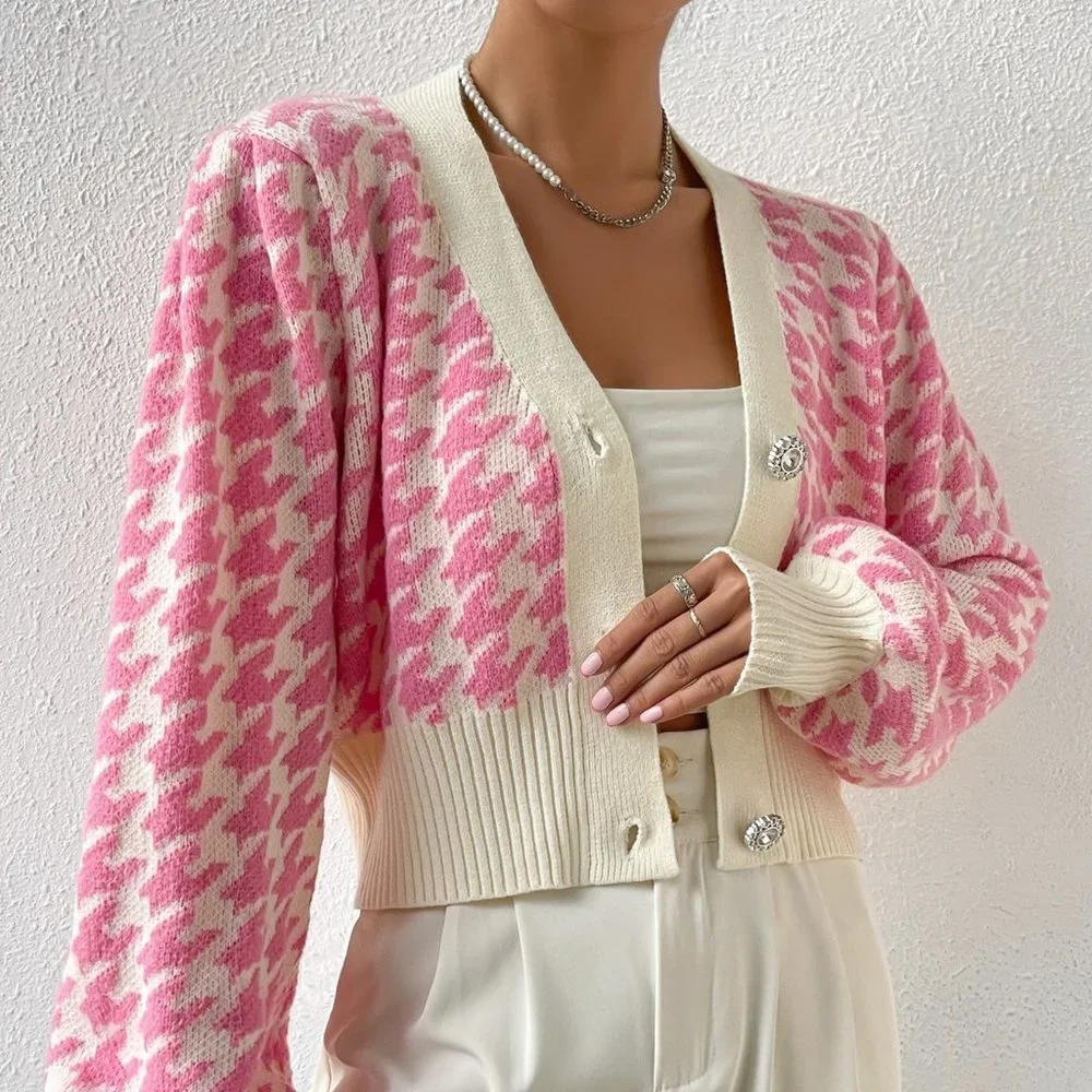 Multicolor Preppy Womens Houndstooth Pattern Lantern Sleeve Cardigan - Picture 4 of 5